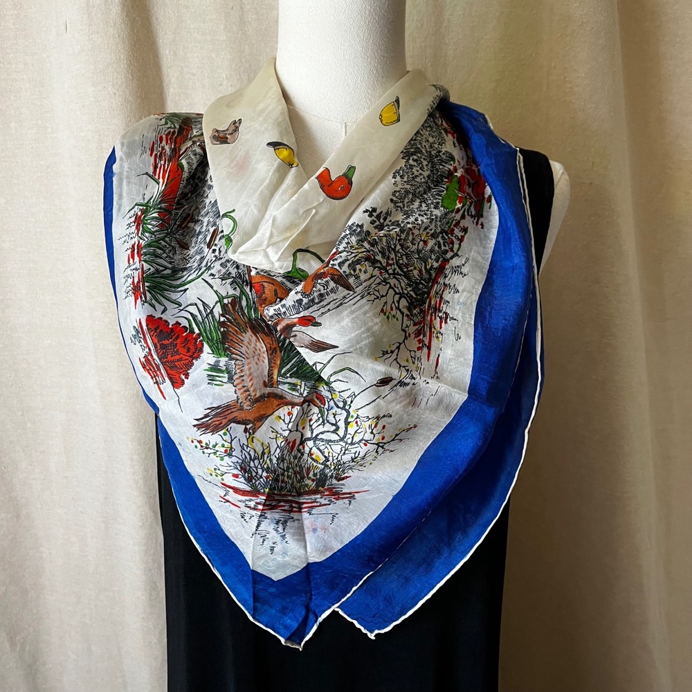 Vintage Hunting Equestrian Silk Scarf Blue Border‎ Fox Hunt Birds Deer 31x34